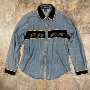 la blues vintage y2k denim button up with back and gold striped tiger large
